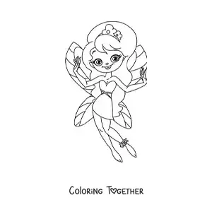 Coloring page of a simple happy fairy with flowers