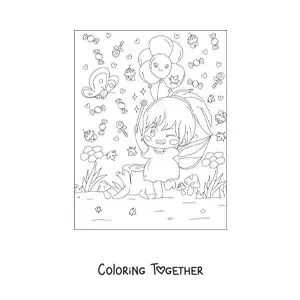 Coloring page of a cute kawaii fairy girl in a magical forest, anime style