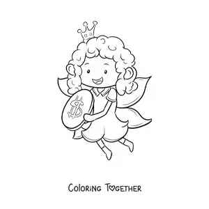 Coloring page of a cute kawaii tooth fairy with a coin