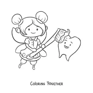 Coloring page of a cute kawaii tooth fairy brushing a tooth
