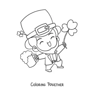 Coloring page of a lucky Irish leprechaun with a clover
