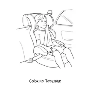 Coloring page of a child with a seatbelt in a child car seat inside a car