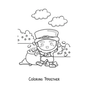 Coloring page of a cute kawaii leprechaun beside his pot of gold