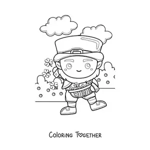 Coloring page of a cute lucky kawaii leprechaun with clovers