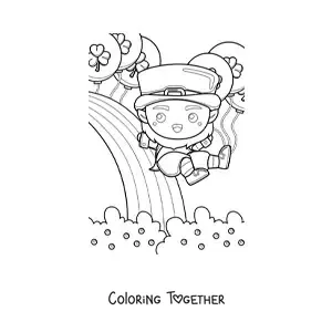 Coloring page of a cute lucky kawaii leprechaun sliding down a rainbow