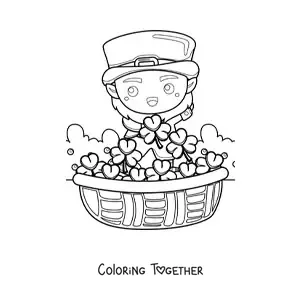 Coloring page of a cute kawaii Irish leprechaun with clovers