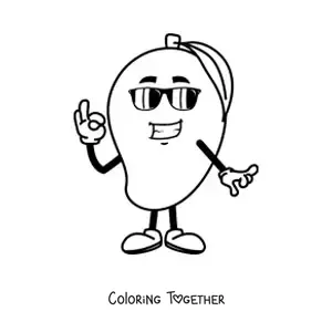 Coloring page of a cartoon mango with sunglasses
