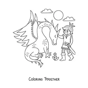 Coloring page of a prince and a dragon