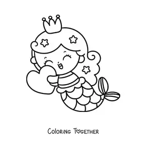 Coloring page of a cute kawaii mermaid princess with a heart