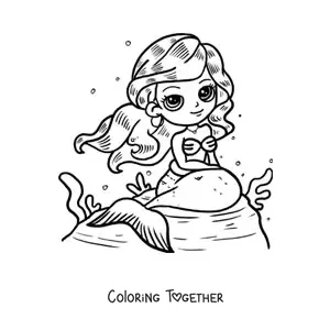 Coloring page of a cute kawaii mermaid sitting on a rock