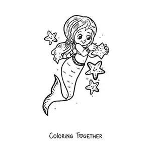 Coloring page of a cute kawaii mermaid girl with starfish