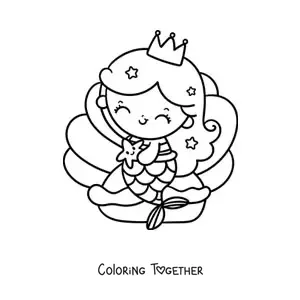 Coloring page of a cute kawaii mermaid princess sitting in a seashell