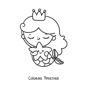 Coloring page of a cute kawaii mermaid princess with a starfish