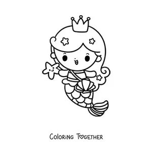 Coloring page of a cute kawaii mermaid princess with a bag and a starfish