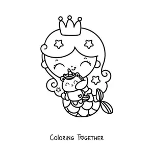 Coloring page of a cute kawaii mermaid princess with a unicorn plushie