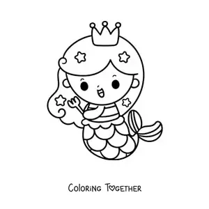 Coloring page of a cute kawaii mermaid princess with a fork