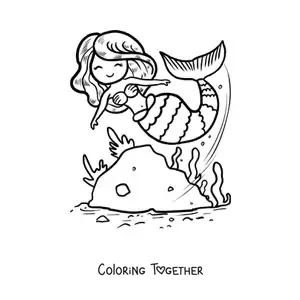 Coloring page of a sweet animated mermaid swimming in the sea