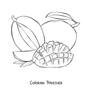 Coloring page of a mango sliced into cubes with a whole mango in the background