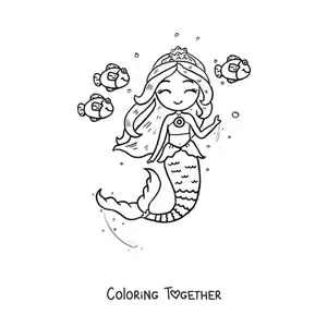 Coloring page of a mermaid princess swimming with fish