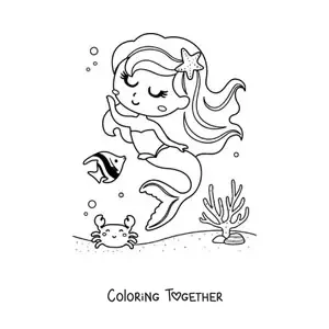 Coloring page of a mermaid dancing with a fish and a crab
