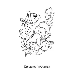 Coloring page of a cute kawaii mermaid sitting in a seashell with fish