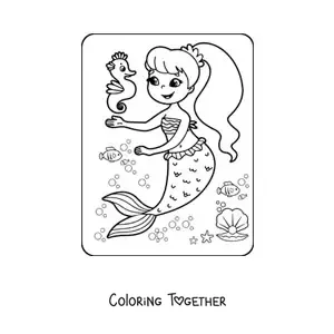 Coloring page of a mermaid girl with a seahorse