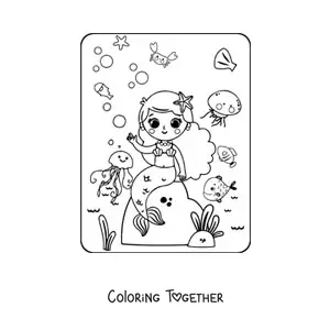 Coloring page of a cute kawaii mermaid sitting on a rock with fish