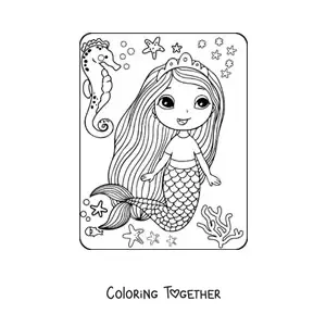 Coloring page of a cute kawaii mermaid princess swimming with a seahorse