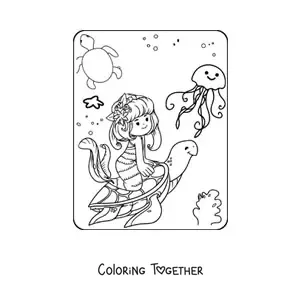 Coloring page of a cute kawaii mermaid princess swimming with a sea turtle