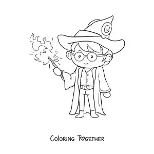 Coloring page of an animated wizard with a wand