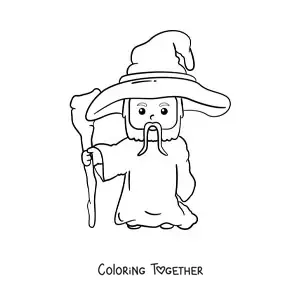 Coloring page of a cute kawaii wizard with a staff