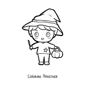 Coloring page of a cute kawaii boy dressed as a wizard for Halloween