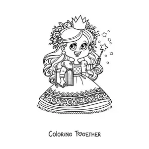 Coloring page of a magical kawaii princess with a book