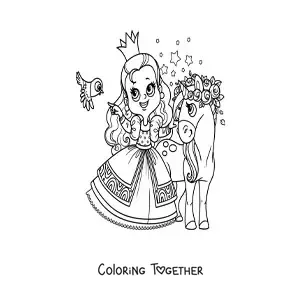 Coloring page of a kawaii princess with a unicorn and a bird