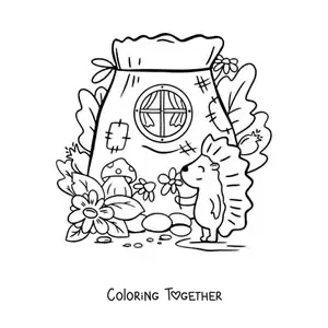 Coloring page of a cartoon porcupine and an enchanted forest house