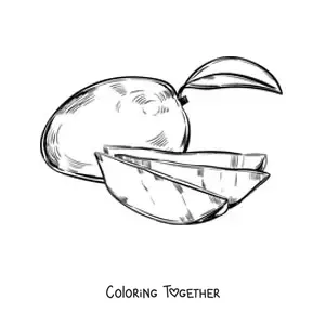 Coloring page of a sliced mango with a whole mango in the background