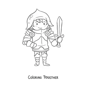 Coloring page of a cartoon knight with armor and a sword