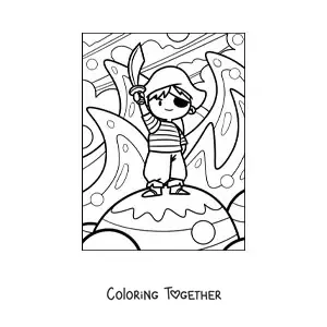 Coloring page of a cartoon pirate boy with a sword on an island