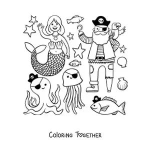 Coloring page of a cartoon pirate with a mermaid and animals