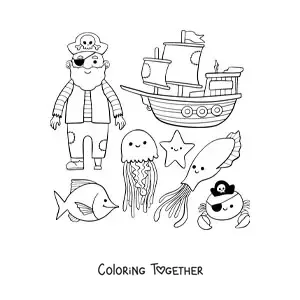 Coloring page of a cartoon pirate with a ship and animals