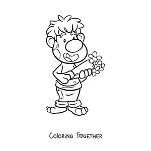 Coloring page of a cartoon troll in love with a bouquet of flowers