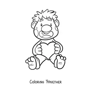 Coloring page of a cartoon troll sitting with a heart