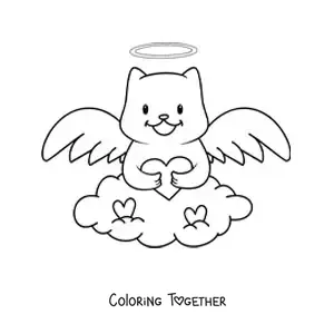 Coloring page of a cartoon angel cat with a heart in the sky
