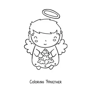 Coloring page of a cartoon Christmas angel with a little tree