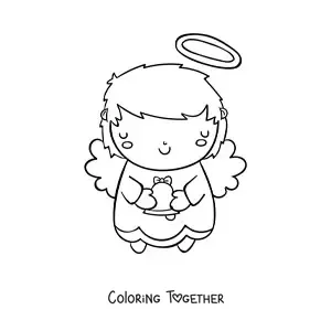Coloring page of a cartoon Christmas angel with a bell