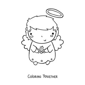 Coloring page of a cartoon Christmas angel with mistletoe