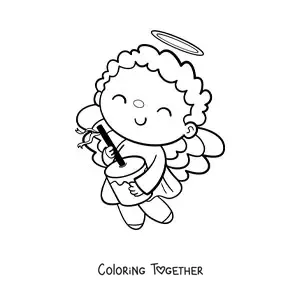 Coloring page of a Christmas angel playing the furruco drum
