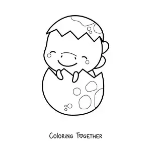 Coloring page of a kawaii baby dinosaur in its egg