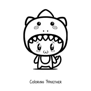 Coloring page of a boy dressed up as a kawaii dinosaur