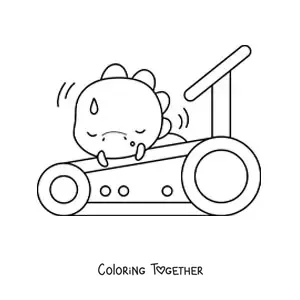 Coloring page of a tired kawaii dinosaur on the treadmill
